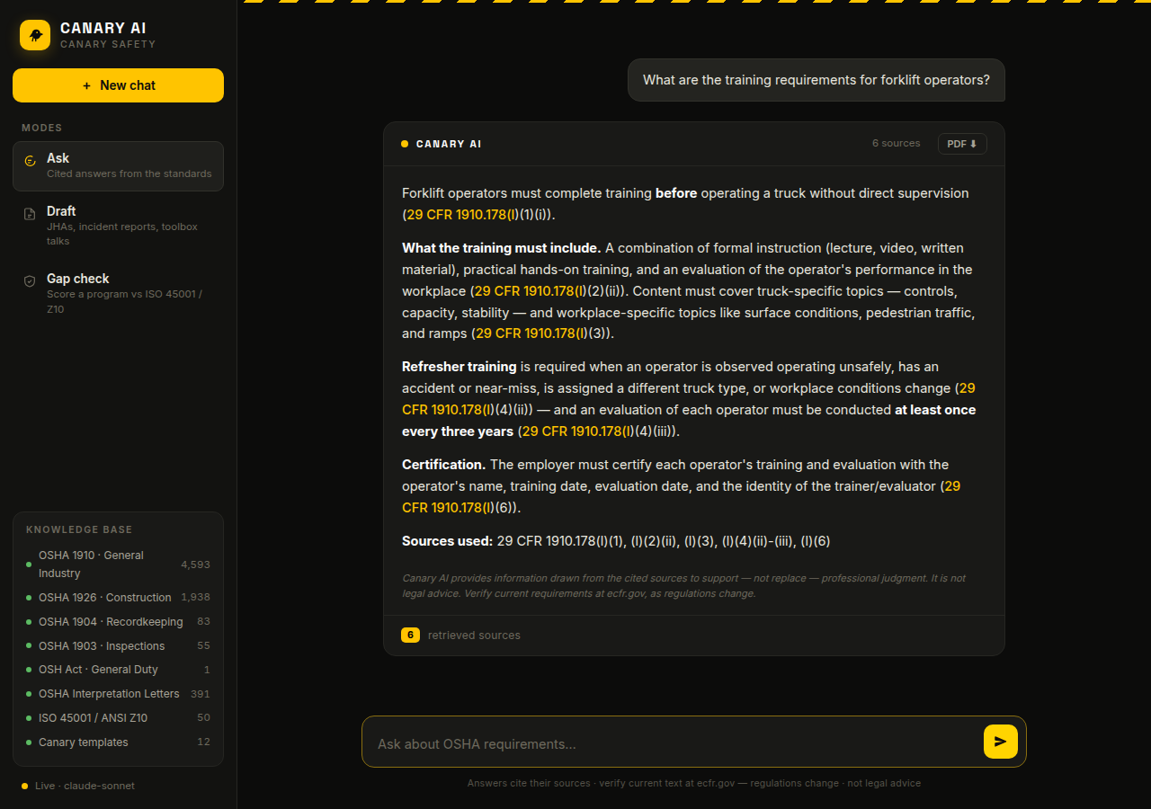 Canary AI interface showing a question about forklift operator training answered with cited OSHA sections