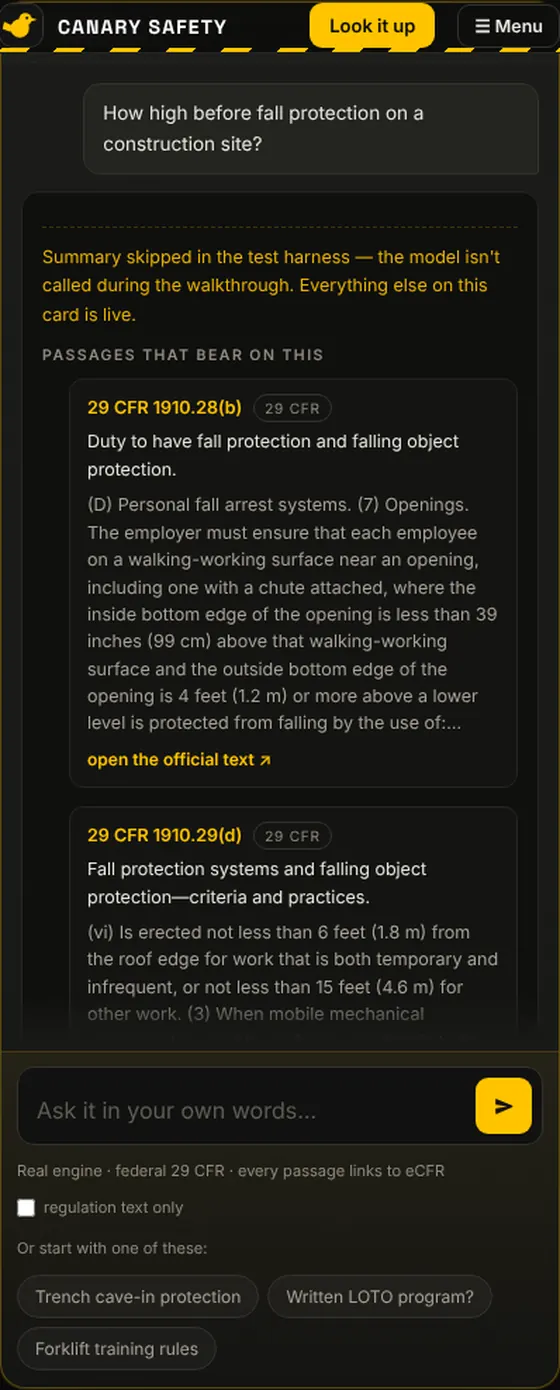 A typed question: passages with eCFR links, the coverage line, the stamp, the report link.