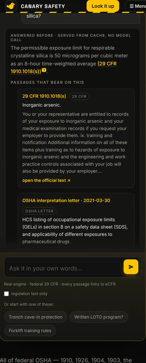 A repeat question: served from cache and labeled.