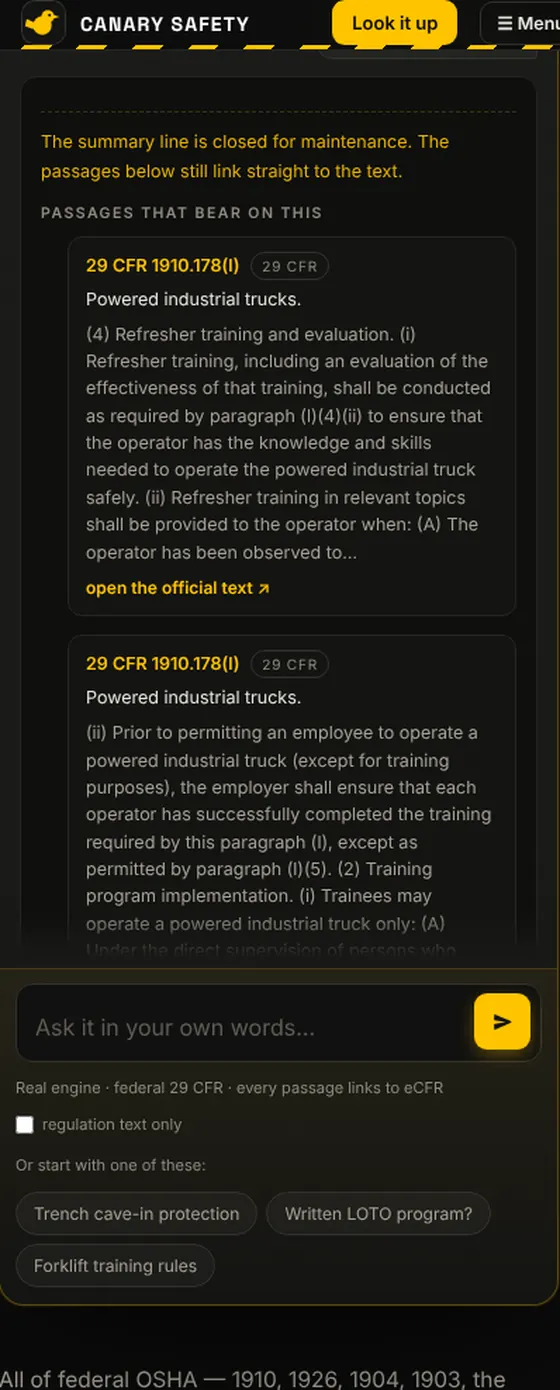 Kill switch on: the summary closes, the regulation text keeps serving.