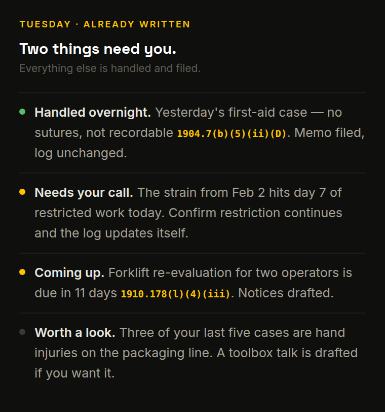 Concept preview: a Tuesday brief showing what was handled overnight, what needs a decision, and what is coming due, each with its citation