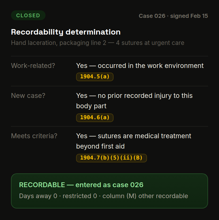 Concept preview: a closed recordability determination memo walking the 1904 criteria in order with a citation at each step